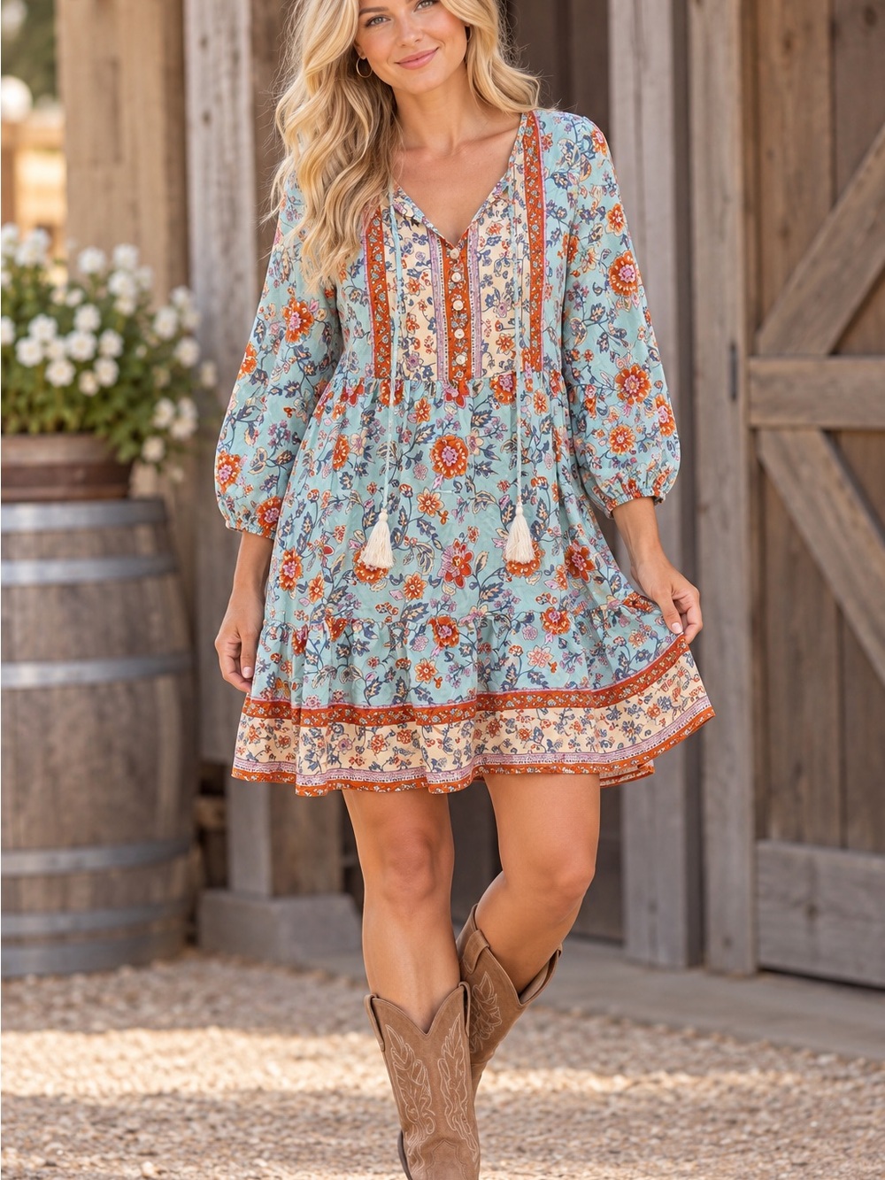 Source Unknown Blue Floral Tassel Boho Mini Dress